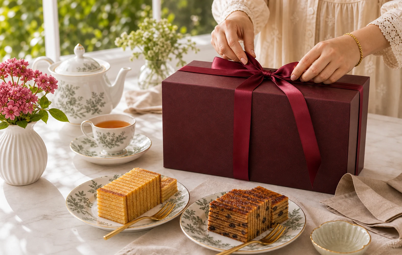 Hands tying a burgundy ribbon around a gift box beside tea and sliced kek lapis.