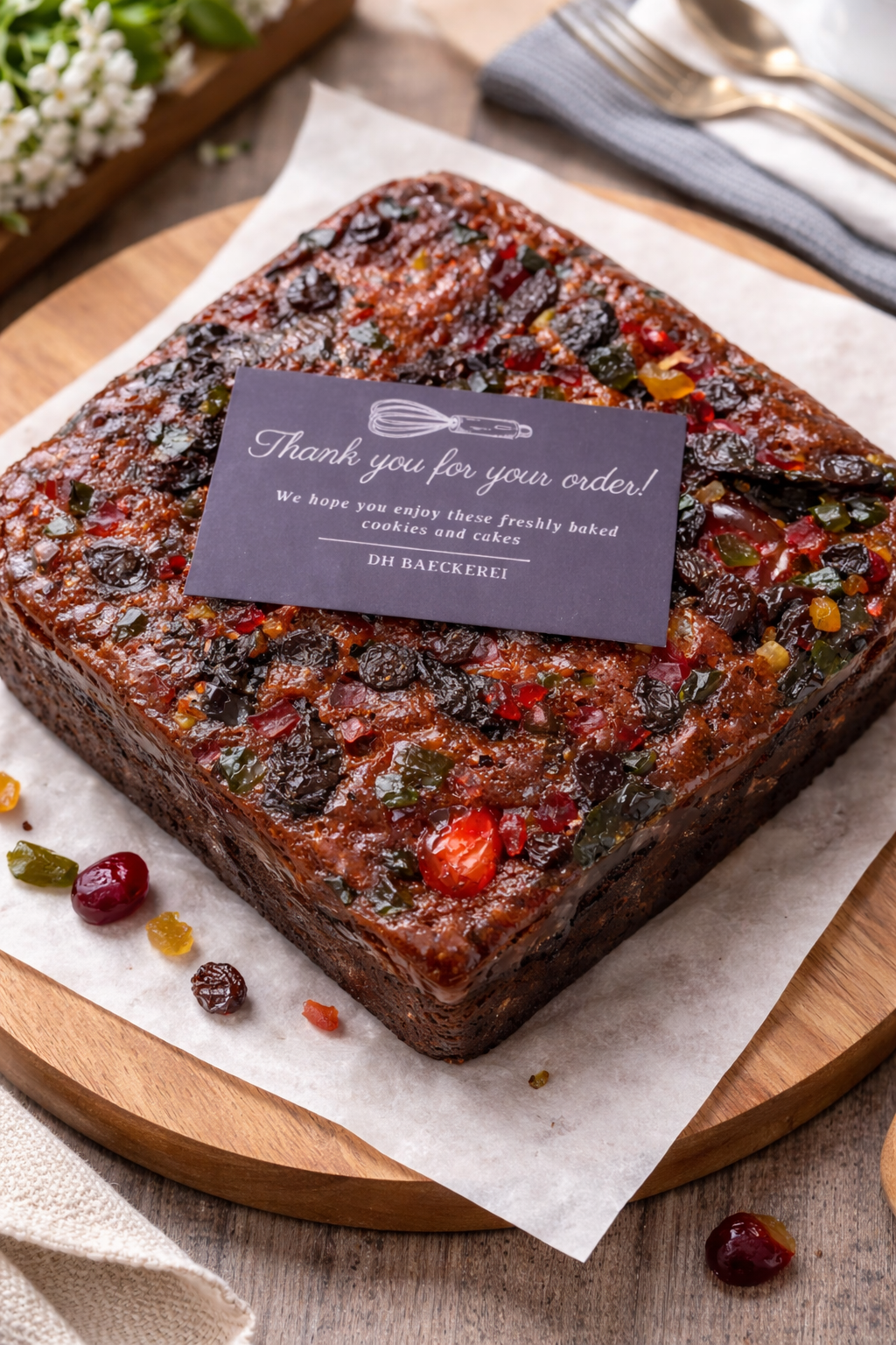 Fruitcake filled with dried fruit and prepared with a thank-you card.
