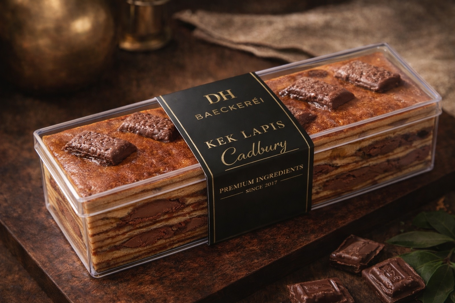 Chocolate Kek Lapis Cadbury in a clear presentation box.