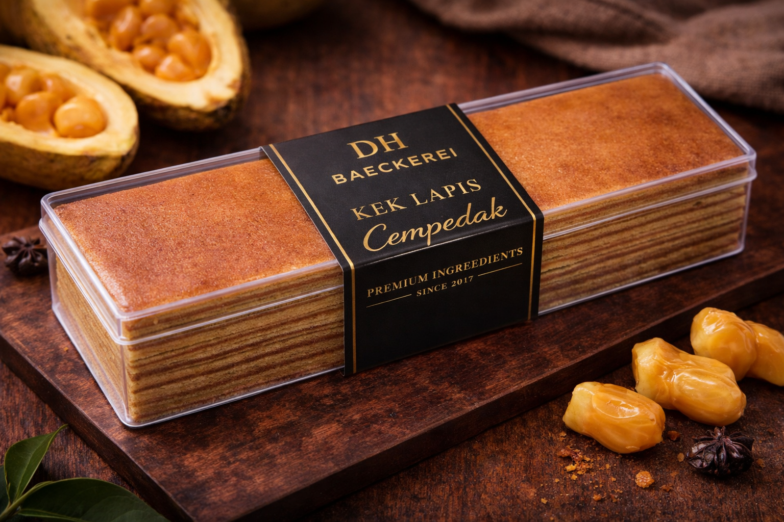 Golden Kek Lapis Cempedak in DH Baeckeréi packaging.