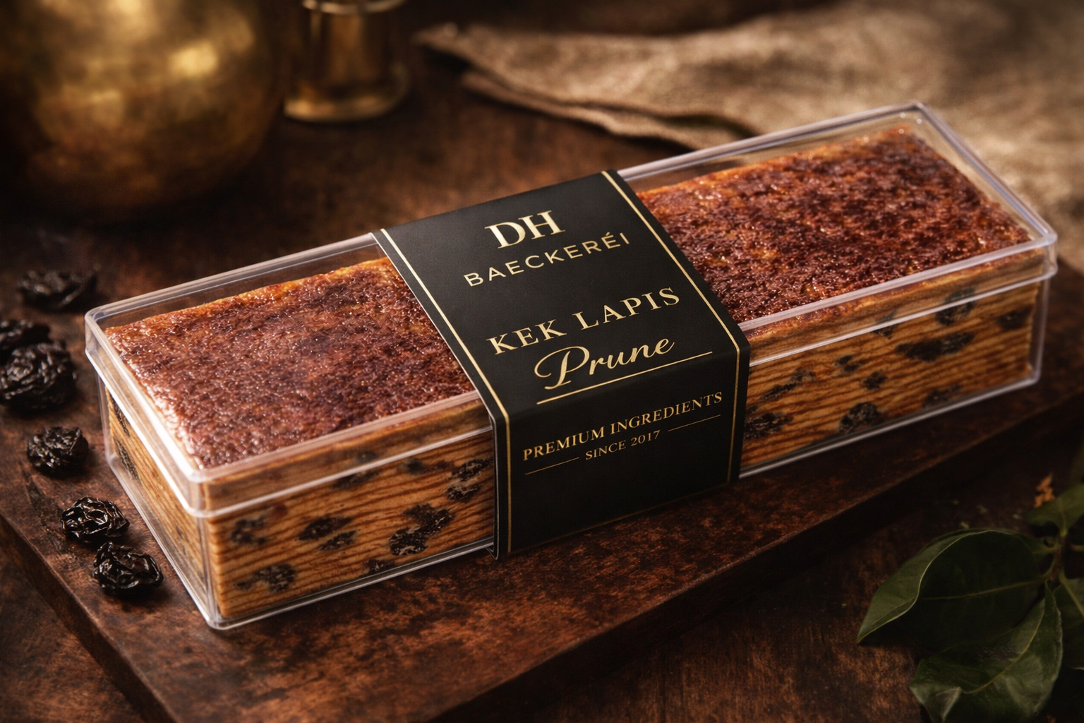 Kek Lapis Prune packed in a clear presentation box.